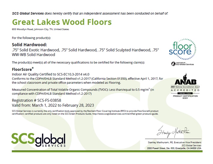 Great Lakes Wood Floors Solid Hardwood FloorScore® Certificate