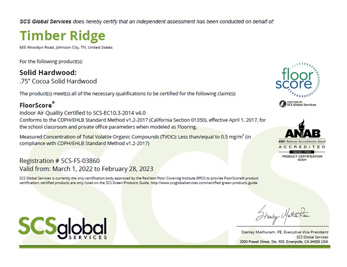 Timber Ridge Solid Hardwood FloorScore® Certificate