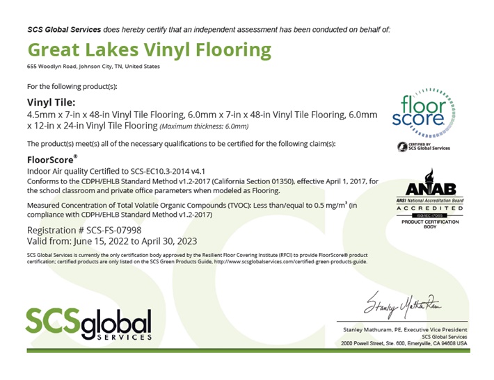 Great Lakes Wood Vinyl Tile FloorScore® Certificate