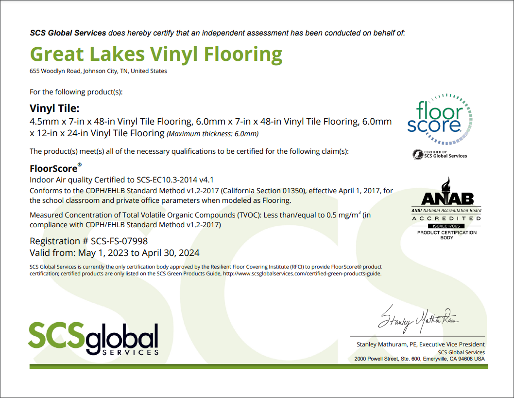 Great Lakes Wood Vinyl Tile FloorScore® Certificate