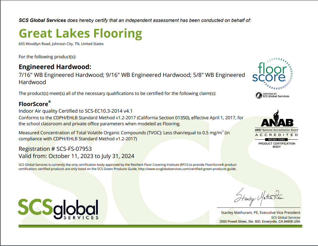 Great Lakes Wood Vinyl Tile FloorScore® Certificate