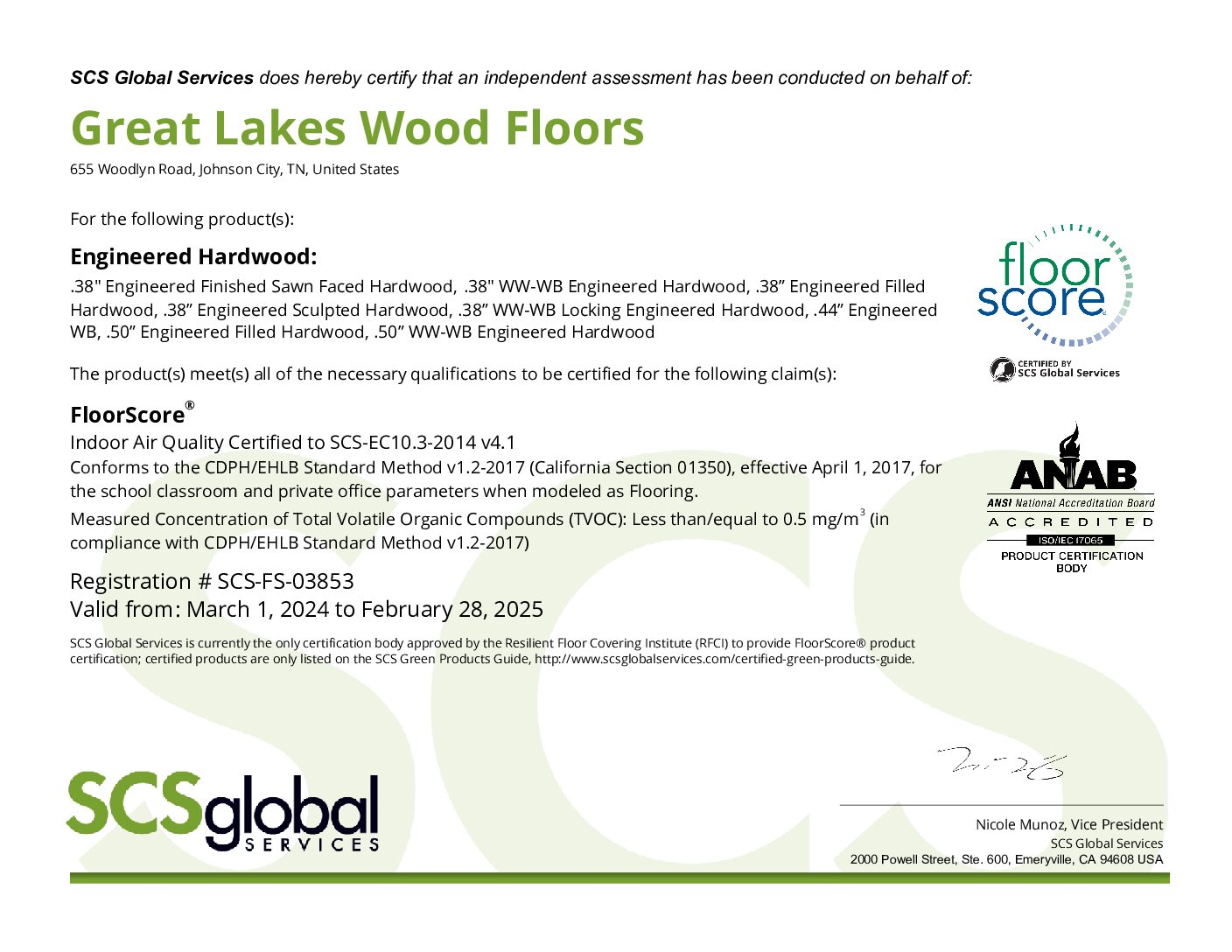 Great Lakes Wood Floors Engineered Hardwood FloorScore® Certificate
