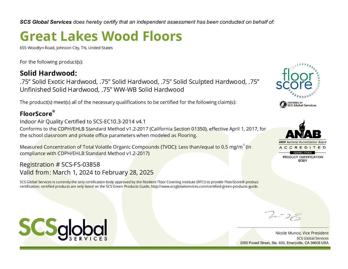 Great Lakes Wood Floors Solid Hardwood FloorScore® Certificate
