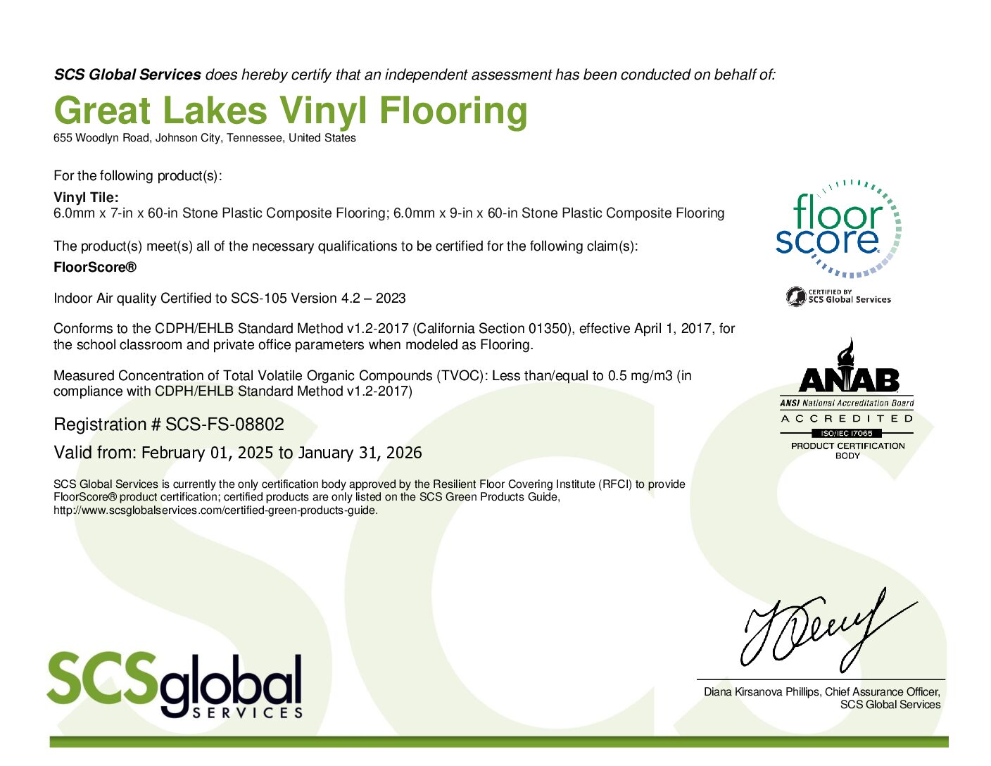 Great Lakes Monarch Series FloorScore® Certificate