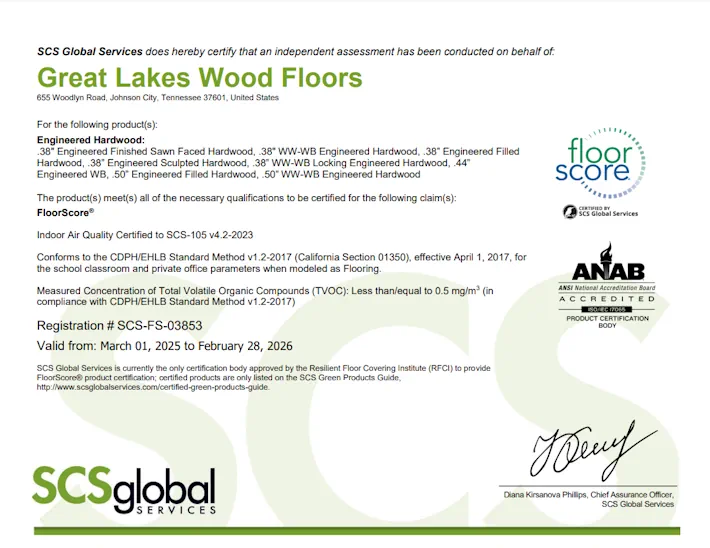 Great Lakes Wood Floors Engineered Hardwood FloorScore® Certificate