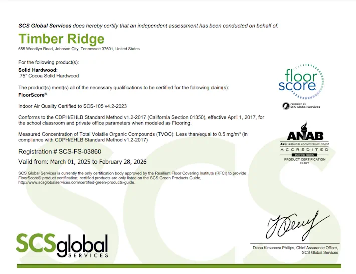 Timber Ridge Solid Hardwood FloorScore® Certificate