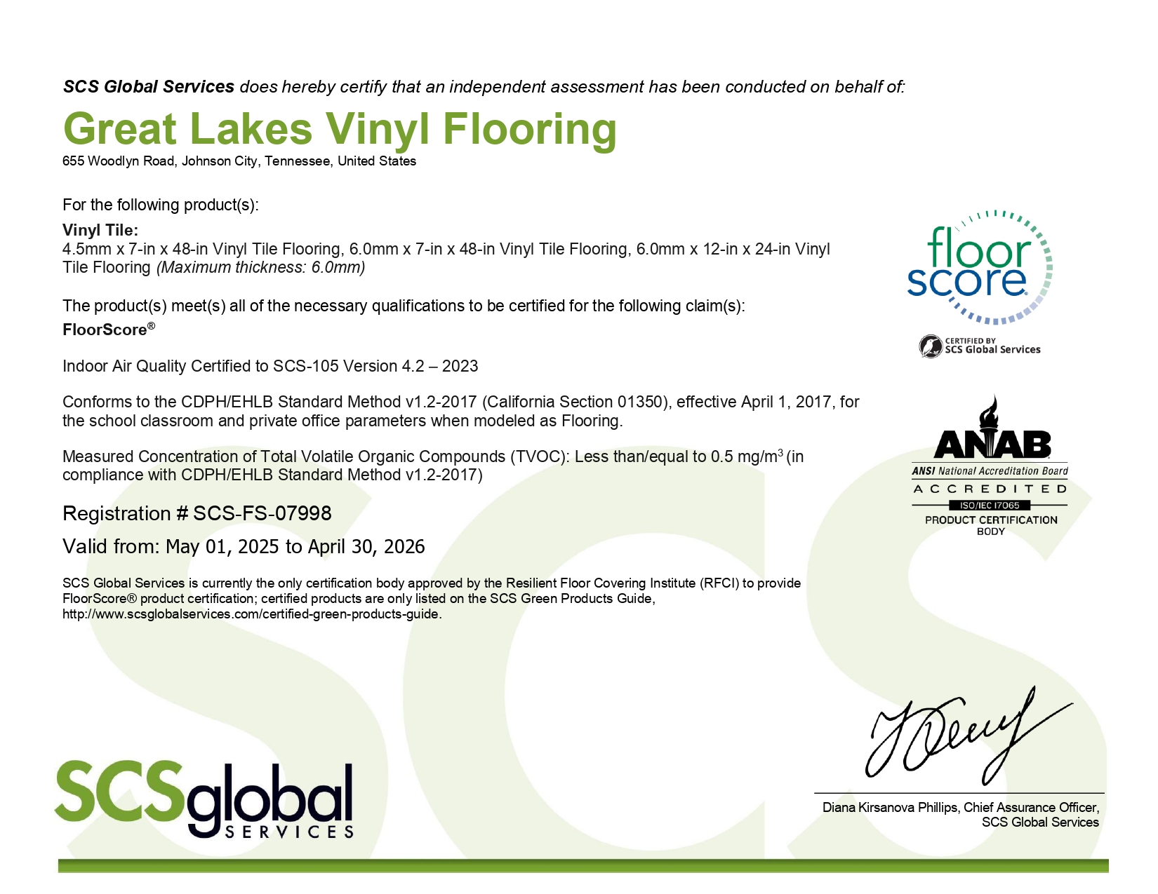 Great Lakes Wood Vinyl Tile FloorScore® Certificate