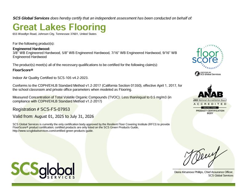 Great Lakes Wood Vinyl Tile FloorScore® Certificate