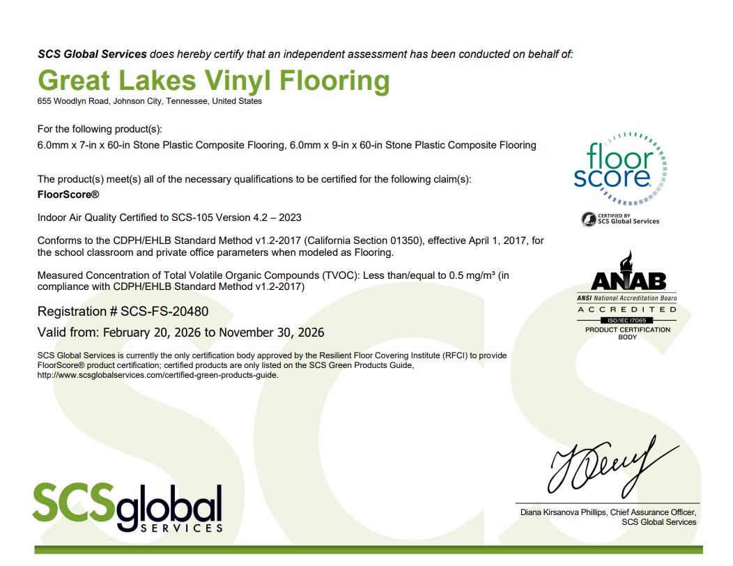 Great Lakes Monarch Series FloorScore® Certificate