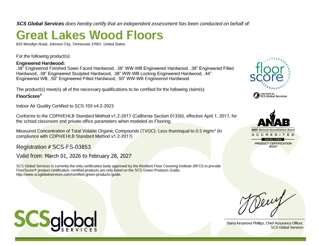 Great Lakes Wood Floors Engineered Hardwood FloorScore® Certificate