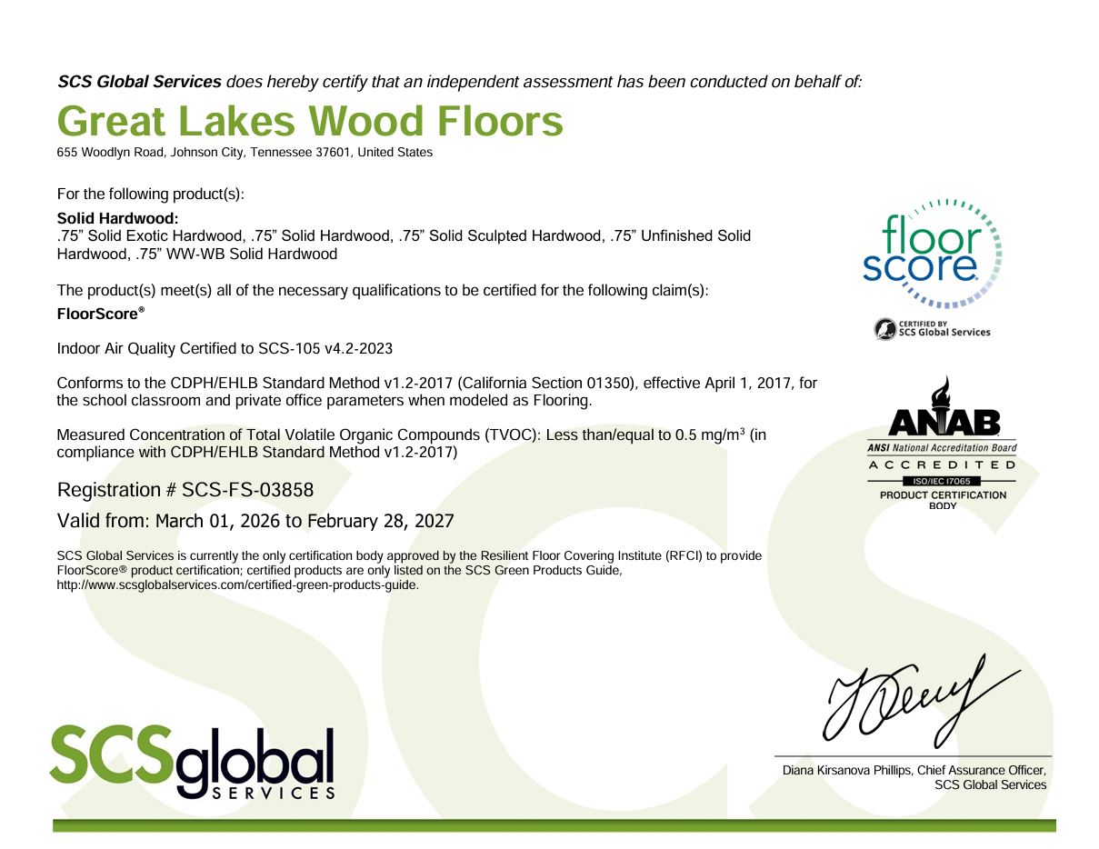 Great Lakes Wood Floors Solid Hardwood FloorScore® Certificate