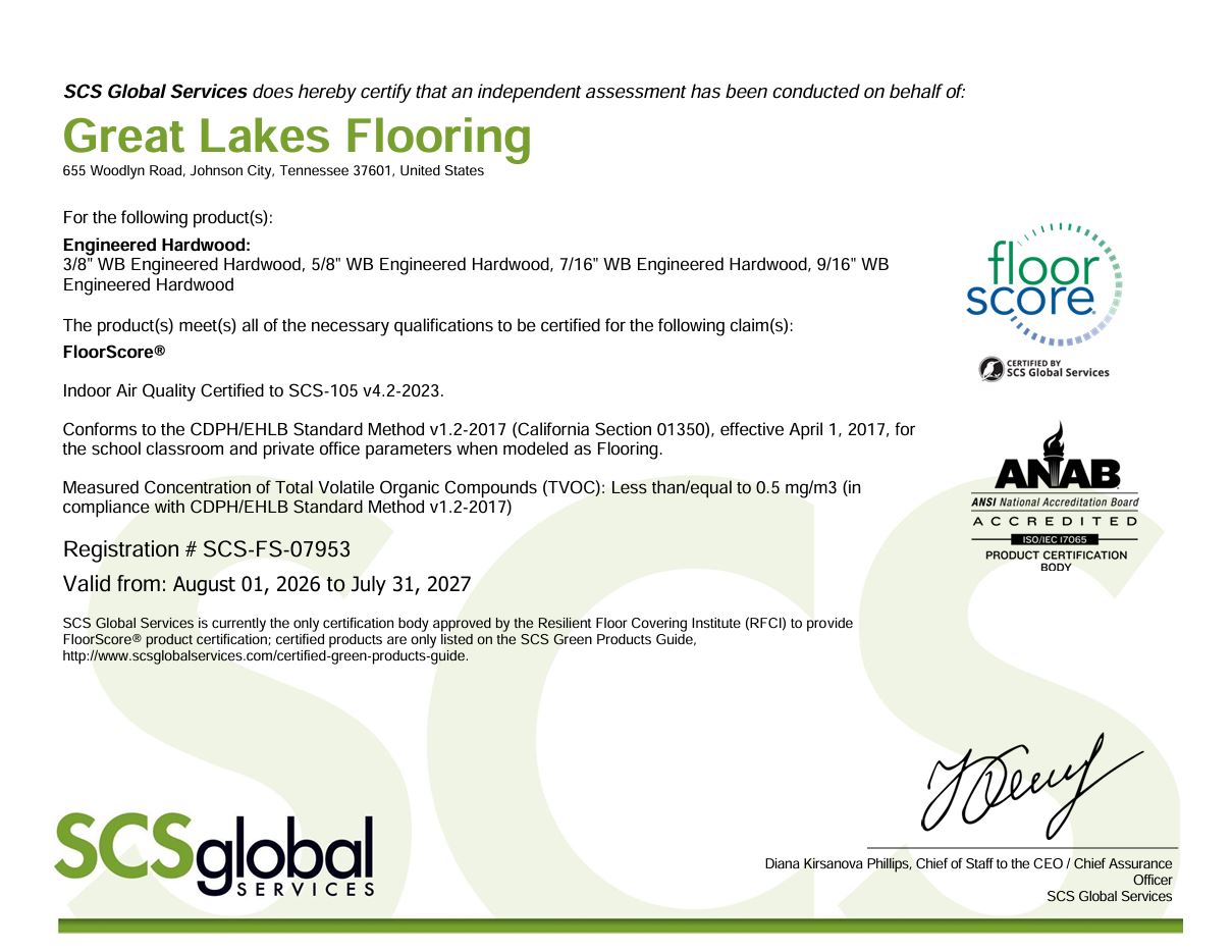 Great Lakes Wood Engineered Hardwood FloorScore® Certificate