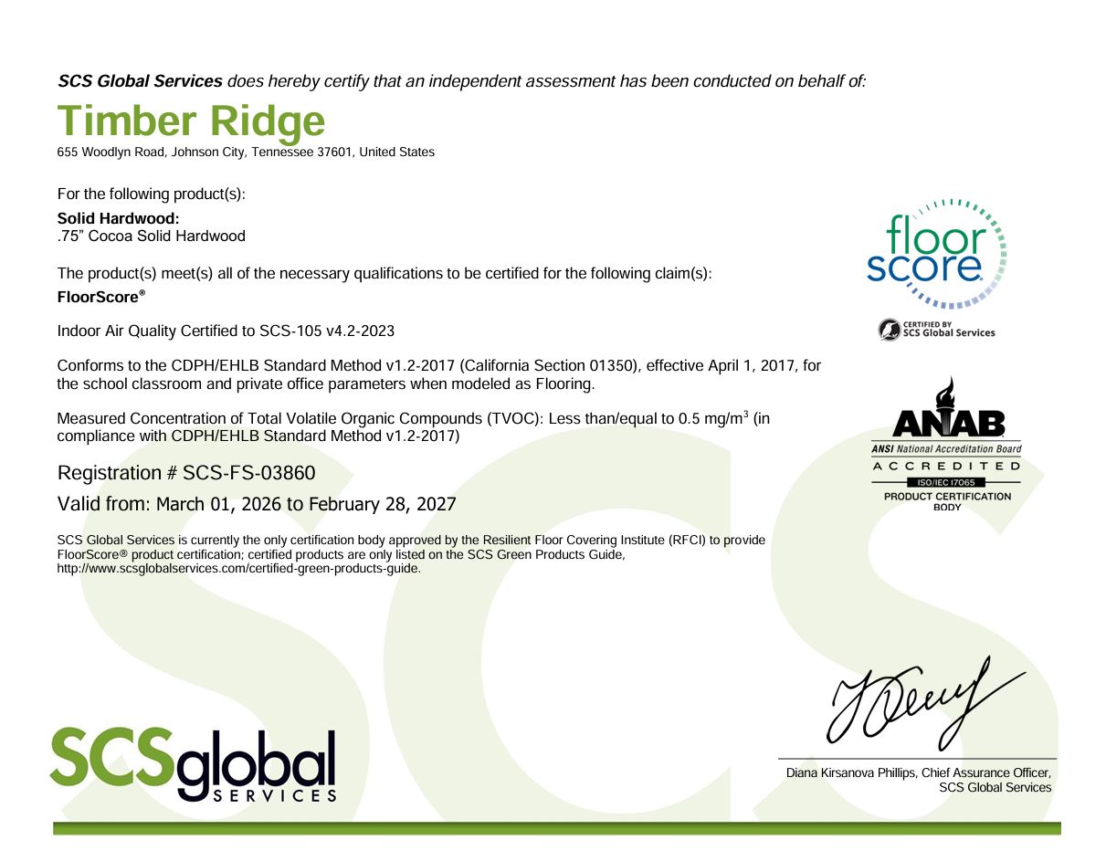 Timber Ridge Solid Hardwood FloorScore® Certificate