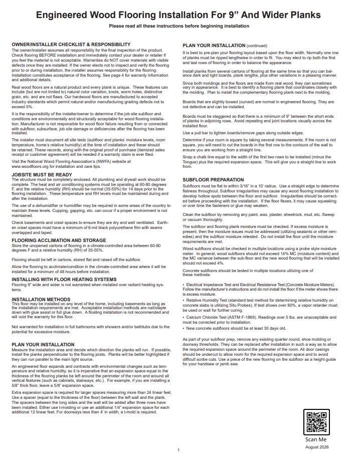 9 and Wider Engineered Installation Instructions
